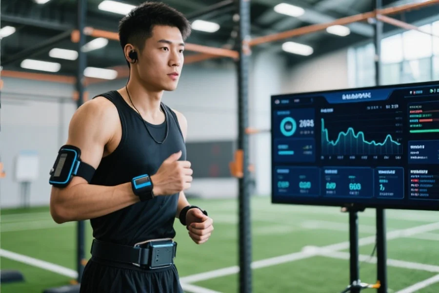 运动员穿戴智能设备进行训练，旁边有数据分析屏幕显示实时运动数据